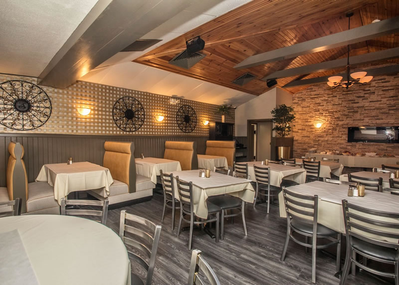 Dining room set with tables, chairs and booths